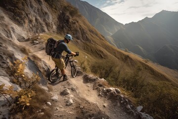 mountain biker riding down steep and rocky trail, with view of valley in the background, created with generative ai