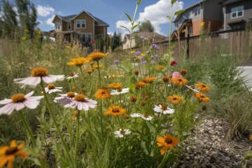 wildflower meadow planted among community garden beds, created with generative ai