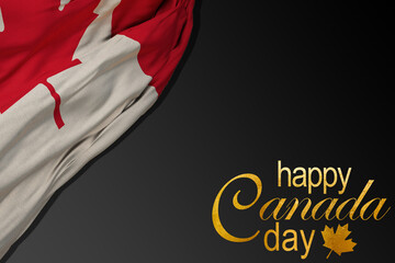 Happy Canada Day calligraphy lettering with maple leaf in gold style with the Canadian flag on a black background.