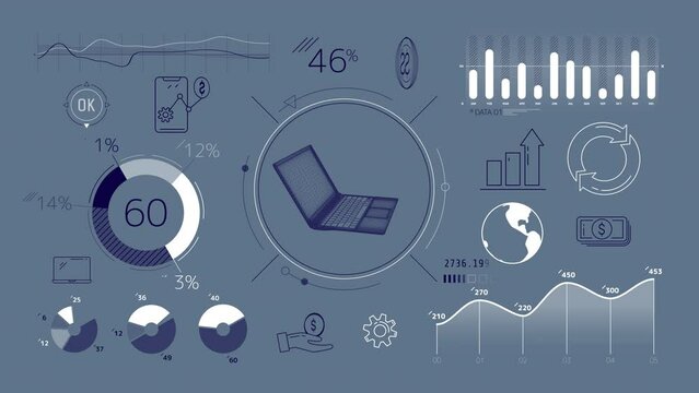 Animation of infographics about dollar circulation and fintech on alpha channel.