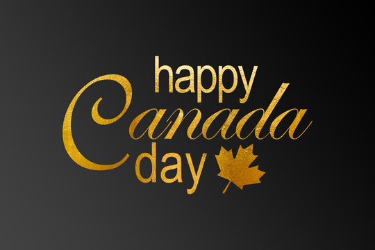 Happy Canada Day calligraphy lettering with maple leaf in gold style with the Canadian flag on a black background.