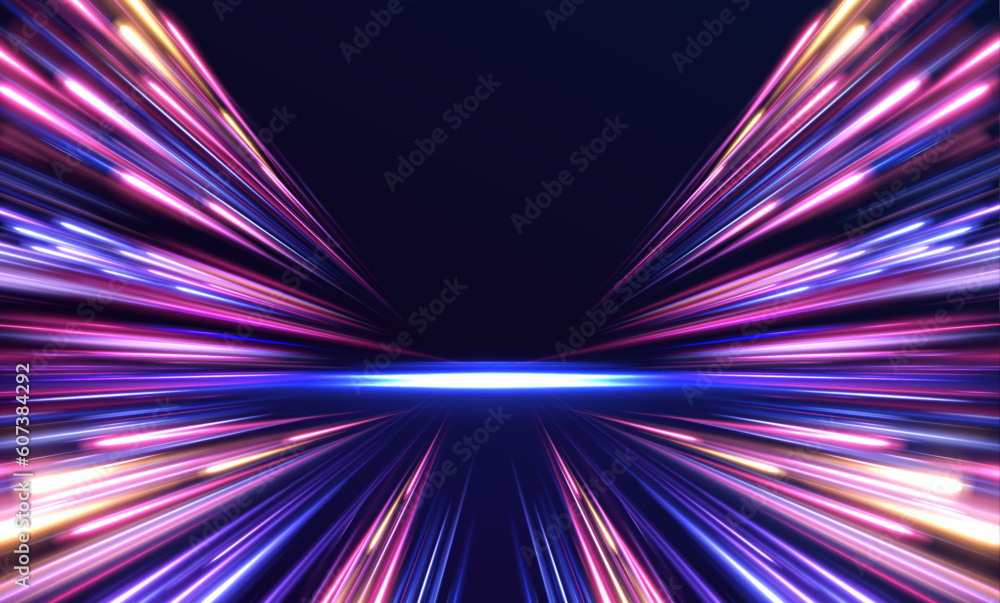 Poster image of speed motion on the road. abstract background in blue and purple neon glow colors. speed of