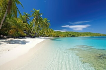 exotic beach, with turquoise waters and white sand, surrounded by palm trees, created with generative ai