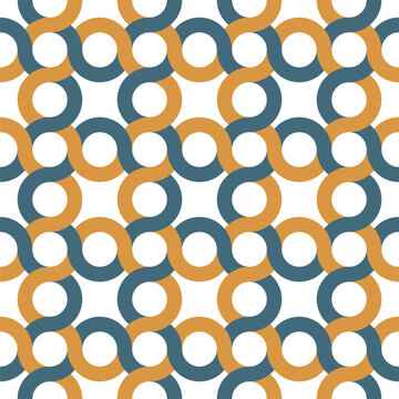 Seamless repeating geometric pattern. Intertwined vertical and horizontal wavy stripes in green and yellow on a white background. Vintage style design with intertwined rings. Decorative vector image.