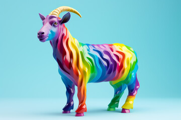 Colorful goat is standing in front of a rainbow background