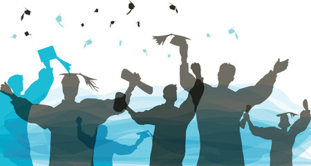 Graduate silhouettes celebrating graduation in a watercolor sunrise stylized background with copy space
