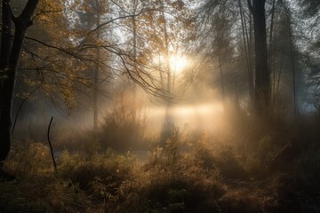misty sunrise, with rays of sunlight filtering through the mist to illuminate a tranquil forest, created with generative ai