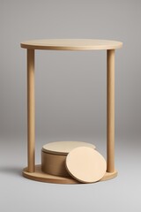 Natural round wooden stand for presentation and exhibitions on beige background. Mock up 3d empty podium