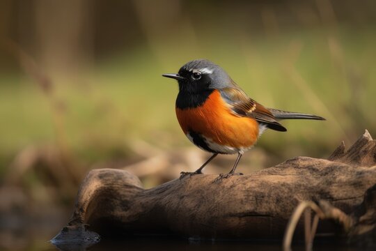 male redstart bird hunting for food in marshy area, created with generative ai