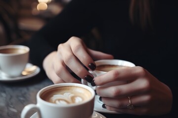 close-up shot of delicate hands, sipping coffee and savoring the moment, created with generative ai
