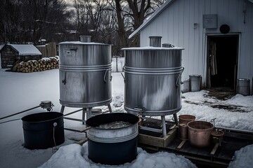evaporator set up for small-scale maple syrup production, with cooking pots and buckets ready to go, created with generative ai