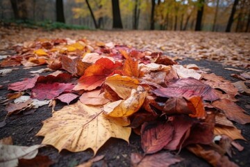 group of fallen leaves, with different shapes and colors, against blurred background, created with generative ai
