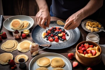 Obraz na płótnie Canvas a cook, decorating a plate of homemade pancakes and fruit, for the breakfast of champions, created with generative ai