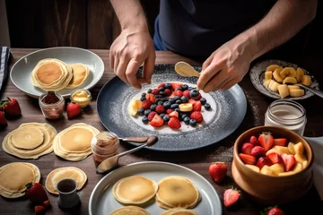 Foto op Canvas a cook, decorating a plate of homemade pancakes and fruit, for the breakfast of champions, created with generative ai © altitudevisual
