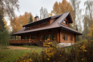 Fototapeta premium cozy cabin in the woods, with a view of the forest and natural surroundings, created with generative ai