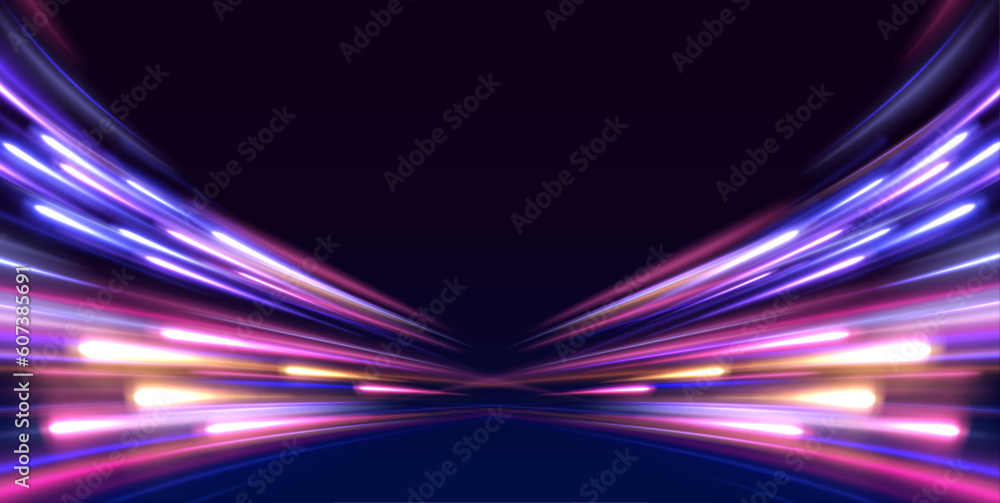 Poster image of speed motion on the road. abstract background in blue and purple neon glow colors. speed of