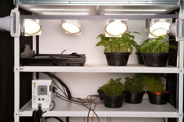 close-up of the various parts and pieces that go into a homegrow setup, including lighting and ventilation, created with generative ai