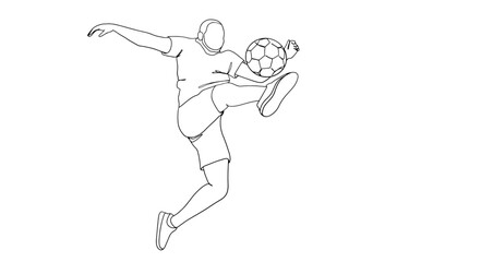 Football player man jumping and kicking the ball in the air outline vector illustraion. Footballer digs the ball in a jump line art vector. 