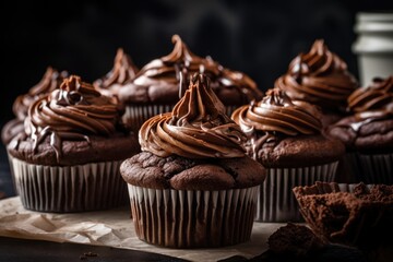 stack of deliciously moist and rich chocolate cupcakes with swirls of creamy frosting, created with generative ai