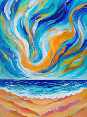 Painting of coastal abstract art, sky, ocean