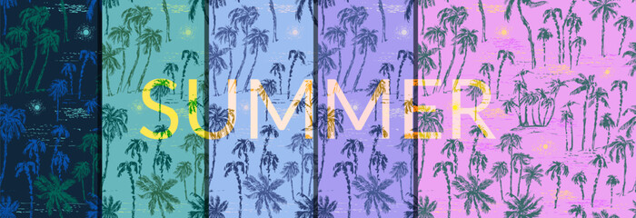 Hand drawn palm trees on the beach seamless pattern in pink, green, blue, black colors
