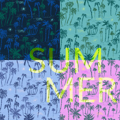 Hand drawn palm trees on the beach seamless pattern in pink, green, blue, black colors
