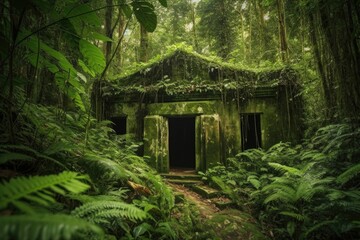 Fototapeta na wymiar ancient ruins that have been swallowed by jungle, hidden from the eyes of civilization, created with generative ai