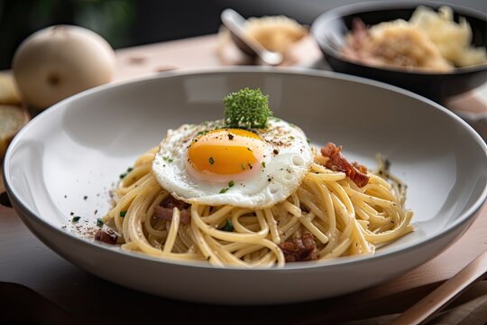 breakfast plate, filled with piping hot carbonara and fried eggs, created with generative ai