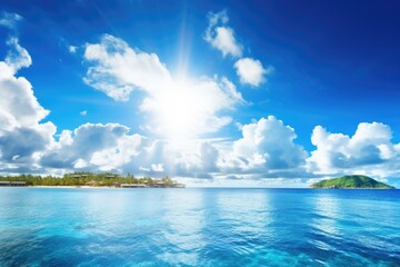 exotic destination with bright sun, blue sky, and white clouds, created with generative ai