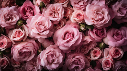Obraz na płótnie Canvas Pink roses flat lay wallpaper or background. AI 