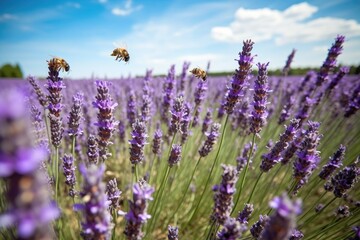 Obraz premium lavender field blooming in full bloom, with bees buzzing and butterflies fluttering, created with generative ai