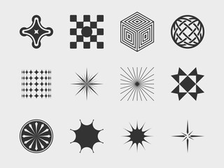 abstract collection 7 graphic geometric symbols and objects in y2k style. Templates for notes, posters, banners, stickers, business cards, logo.