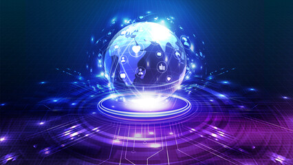 Social network, background with digital neon hologram planet surrounded with floating social network elements on pink and blue background