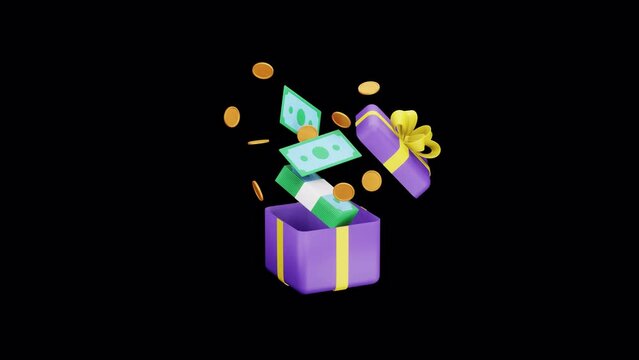 Gift box with money animation. Gold Coins and Dollar Banknotes. 3d render with Alpha channel. surprise, earn money, win. earning prizes, bonus or rewards, loyalty program, Casino, Online Game concept