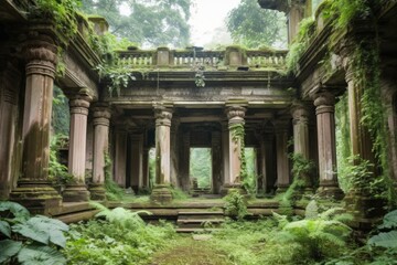 ruins with towering columns and intricate carvings, surrounded by lush greenery, created with generative ai