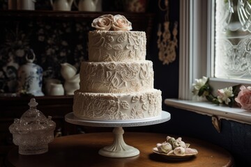vintage wedding cake with delicate and intricate icing design, created with generative ai