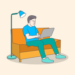 Business man working on a sofa using laptop from home flat coloring line art minimal illustration