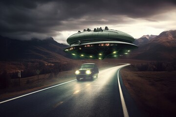 alien race, traveling via flying saucer to their next destination, created with generative ai