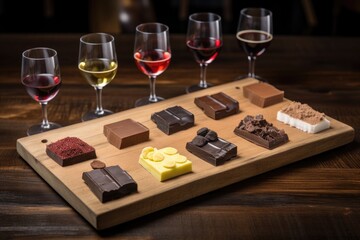 selection of chocolate bar and wine pairings, presented on wooden board, created with generative ai
