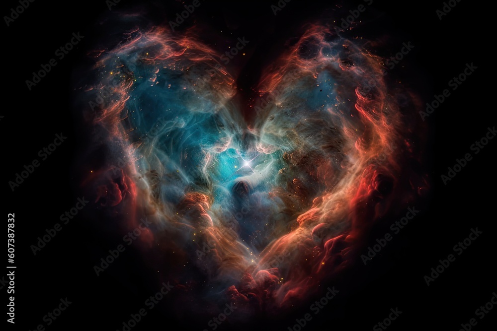 Poster heart-shaped nebula with colorful and dramatic details, created with generative ai