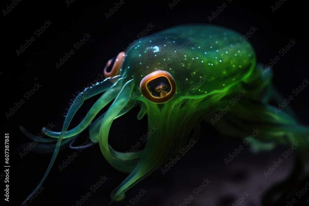 Wall mural deep-sea squid, its tentacles in attack mode and glowing green, created with generative ai