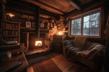 Fototapeta premium cozy cabin retreat with stack of books and warm fire for reading, created with generative ai