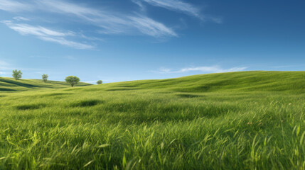 Obraz premium Green grass meadow on hill nature summer landscape background. Generative ai.