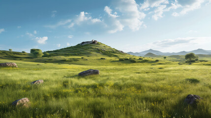 Obraz premium Green grass meadow on hill nature summer landscape background. Generative ai.