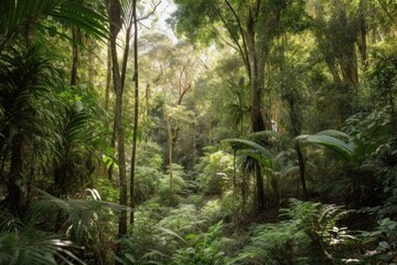 Naklejka premium rainforest with towering trees and lush greenery, surrounded by drought-tolerant native plants, created with generative ai