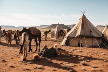 nomadic tribe setting up camp in desert, with tents and animals, created with generative ai - obrazy, fototapety, plakaty