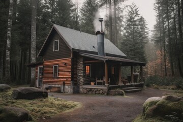 a cozy cabin with a fireplace and chimney, surrounded by forest, created with generative ai