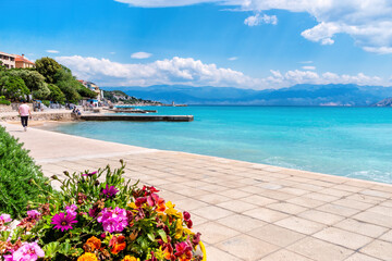Baska on the island of Krk. Beautiful romantic summer scenery on the Adriatic Sea. Large beach in...