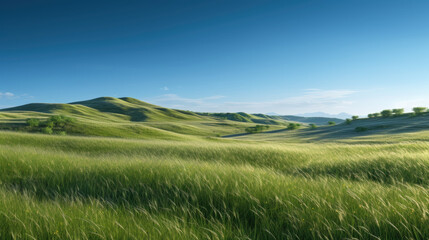 Naklejka premium Green grass meadow on hill nature summer landscape background. Generative ai.