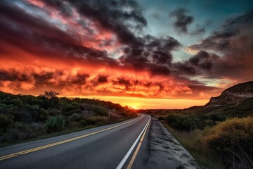 Fototapeta premium scenic highway at sunrise, with dramatic sky and clouds in the background, created with generative ai